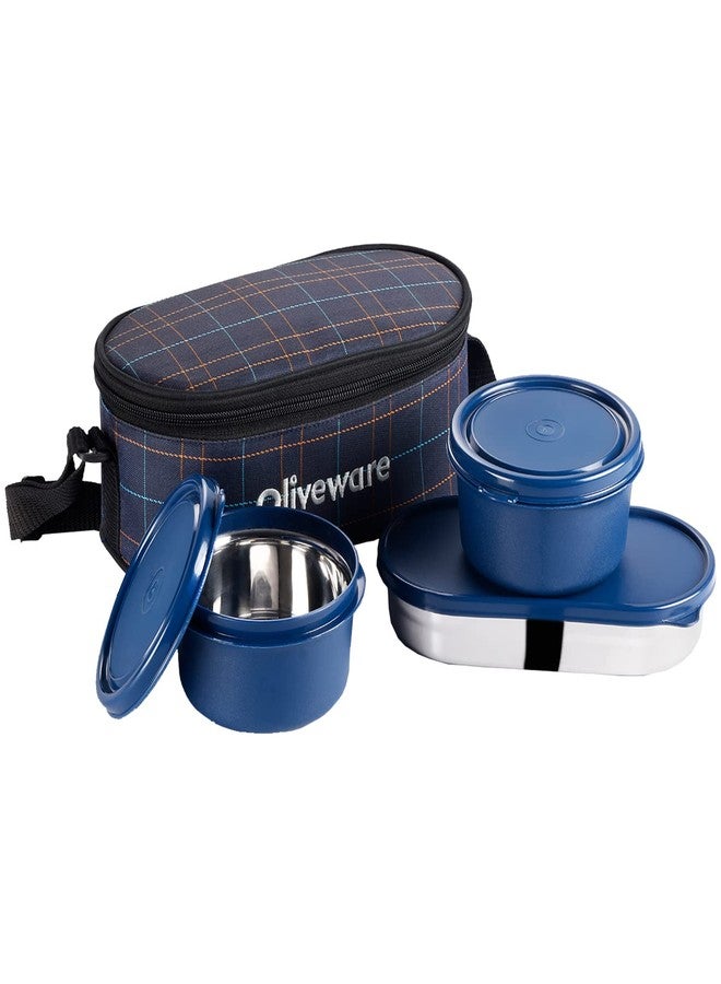 SOPL-OLIVEWARE علبة غداء SOPL-OLIVEWARE Hazel، مانعة للتسرب وآمنة للاستخدام في الميكروويف، 3 حاويات داخلية من الفولاذ (450 مل، 450 مل، 550 مل)، حقيبة قماشية معزولة، وجبة كاملة وسهلة الحمل (أزرق) - Image 1